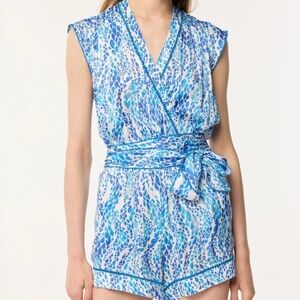 Poupette St. Barth Short Jumpsuit Anaik in Blue Wavy Animalier- XS